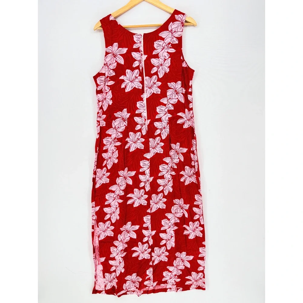 Ho Aloha Floral Sheath Dress Women XL Red Pink Hawaiian Rayon Tropical Retro